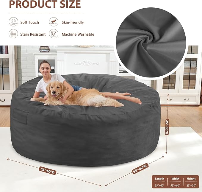 6FT Bean Bag Chair, Large Bean Bag Chairs with Memory Foam Filled, Fluffy Beanbag Sofa with Dutch Velvet Cover, Round BeanBag Chairs for Living Room, Playroom - Grey-CubbioJoy