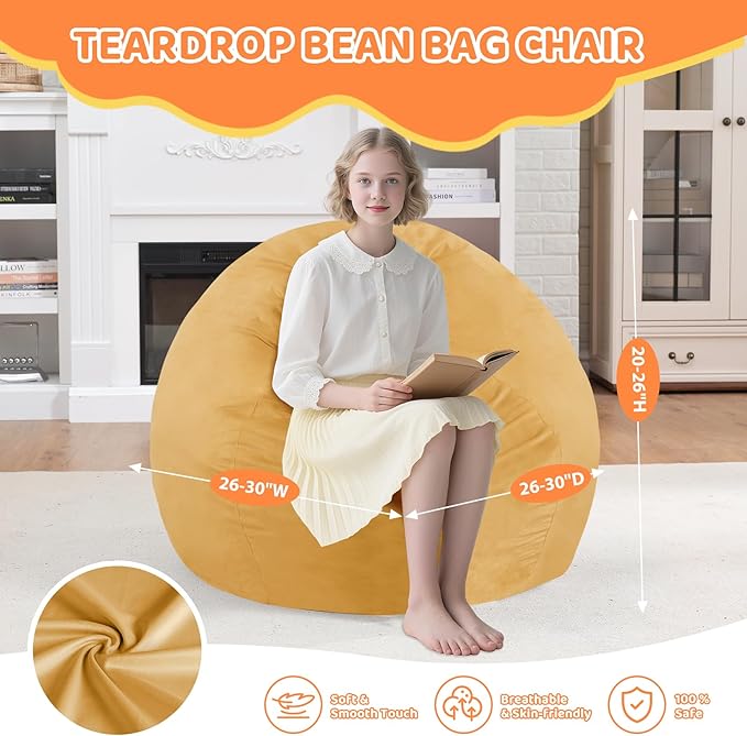 2FT Bean Bag Chair, Comfy Bean Bag Chairs with Memory Foam Filled, Fluffy Beanbag Sofa with Dutch Velvet Cover, Teardrop BeanBag Chairs for Living Room, Playroom - Mustard-CubbioJoy