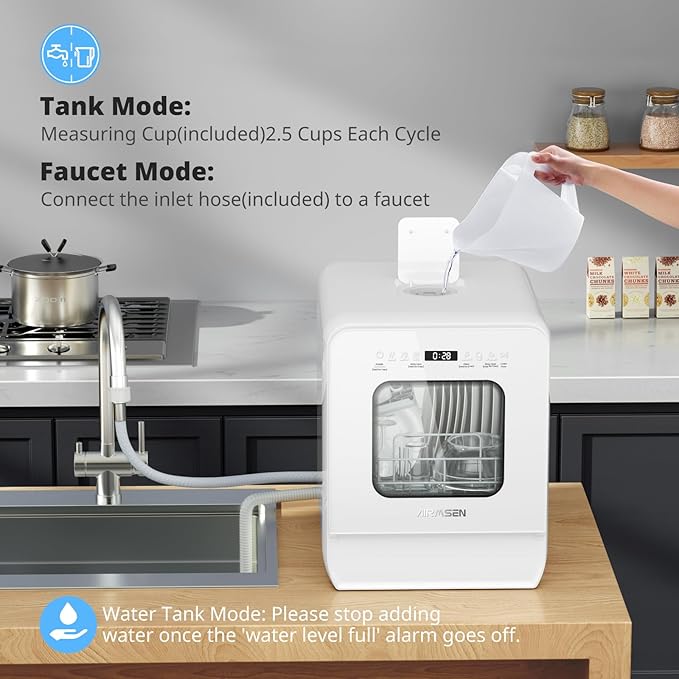 AIRMSEN Portable Countertop Dishwasher with 5L Water Tank, Mini Dishwasher with 14.6” Narrow & 20.1“ Deep Design, 9 Programs, 24H Delay Start & 360° Dual Spray, No Hookup Needed, C01, White-CubbioJoy