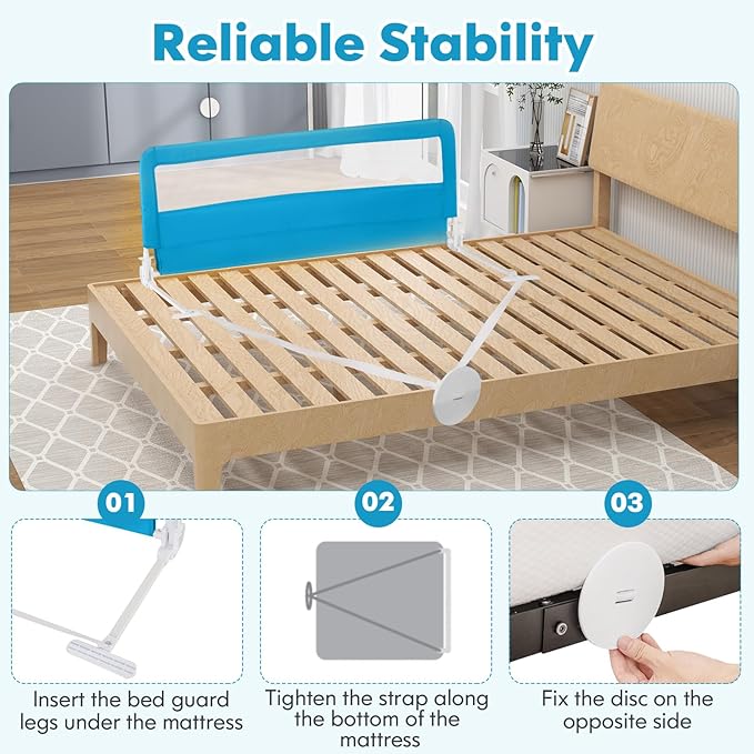 BABY JOY Bed Rails for Toddlers, 59'' Extra Long, Swing Down Bed Guard w/Safety Straps, Folding Baby Bedrail for Kids Twin, Double, Full Size Queen & King Mattress (Blue, 59-Inch)-CubbioJoy