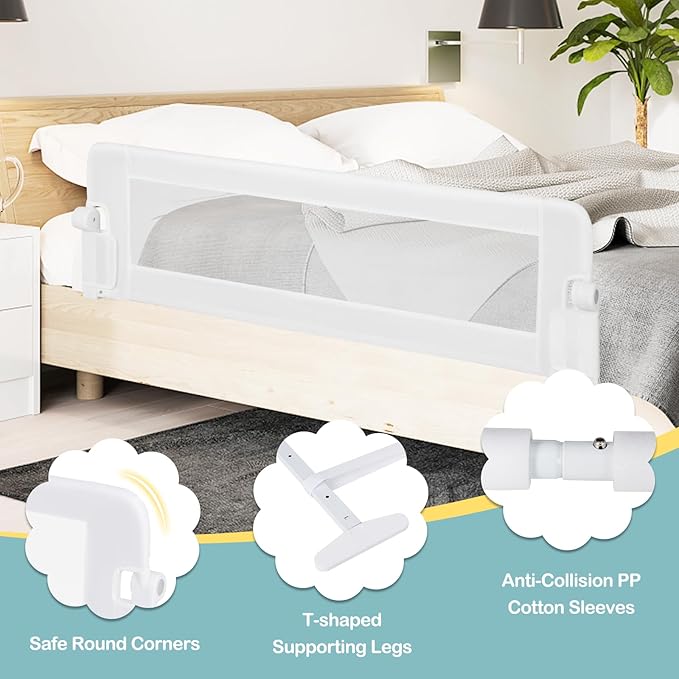 BABY JOY Bed Rails for Toddlers, Extra Long, Swing Down Safety Bed Guard for Convertible Crib, Folding Baby Bedrail for Kids Twin, Double, Full Size Queen & King Mattress (60-Inch, White)-CubbioJoy