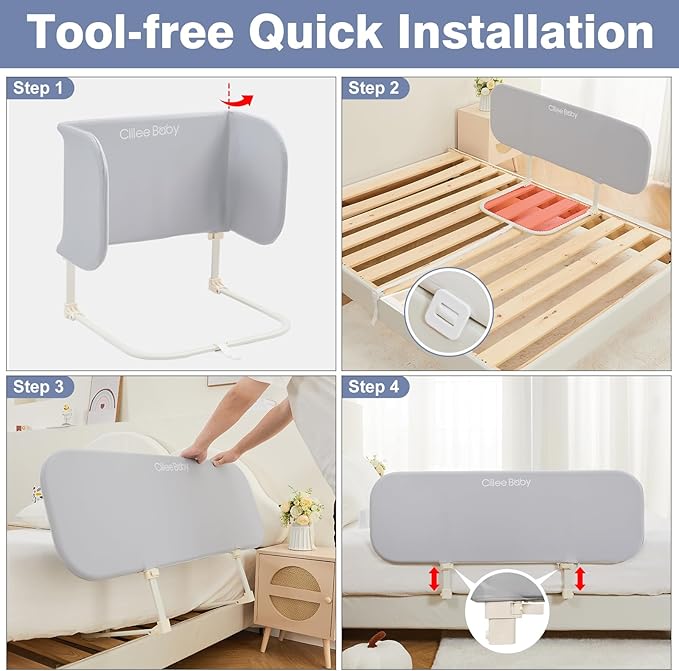 Ciilee Baby Bed Rail for Toddlers Portable Travel Kids Beds Guard Rails for Queen Bed Foldable Children Side Railing for Twin Beds Adjustable Bedrail Barandas para Camas de Niños（Grey,48in-CubbioJoy