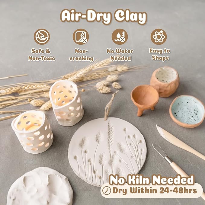 Air Dry Clay for Adults - Pottery kit for Beginne,Air Dry Clay w/Air Dy Clay Tools,White Dry Clay,Sculpting Tools, Gloss Varnish,DIY Plate Making Kit for Arts & Crafts,Christmas Gift-CubbioJoy