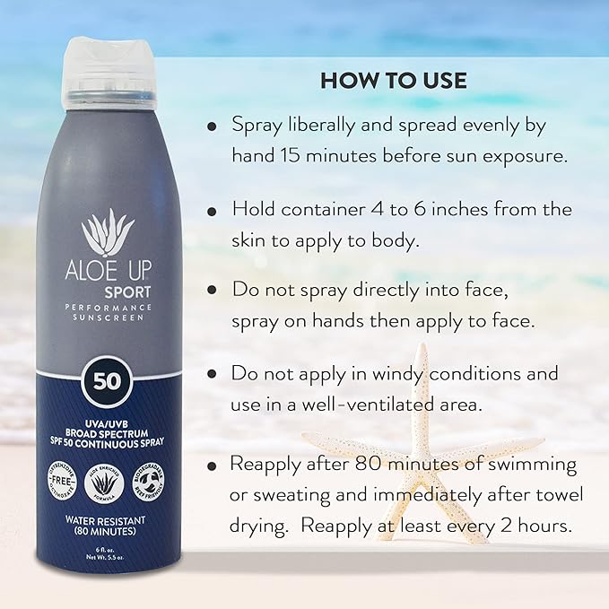 ALOE UP Sport Continuous Spray Sunscreen SPF 50 - Broad Spectrum UVA/UVB Sunscreen Protector for Face and Body - With Aloe Vera Gel - Fast Absorbing Sheer Formula - Reef Safe - Fragrance-Free - 6 Oz-CubbioJoy