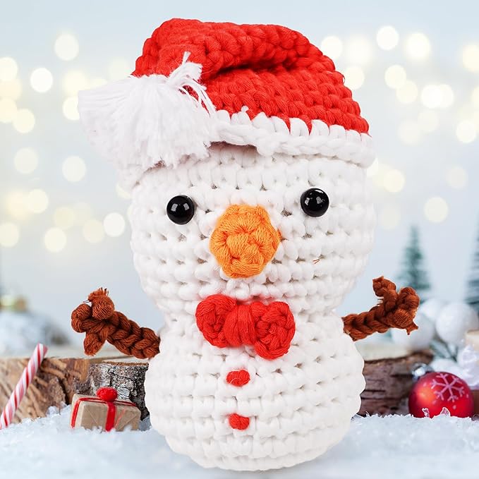 Christmas Snowman Crochet Kit for Beginners, Crochet Starter Kit for Kids Adults, Learn to Crochet w/Step-by-Step Video Tutorials, Pre-Started Yarn, Hook, DIY Amigurumi Craft Gifts for Christmas Décor-CubbioJoy
