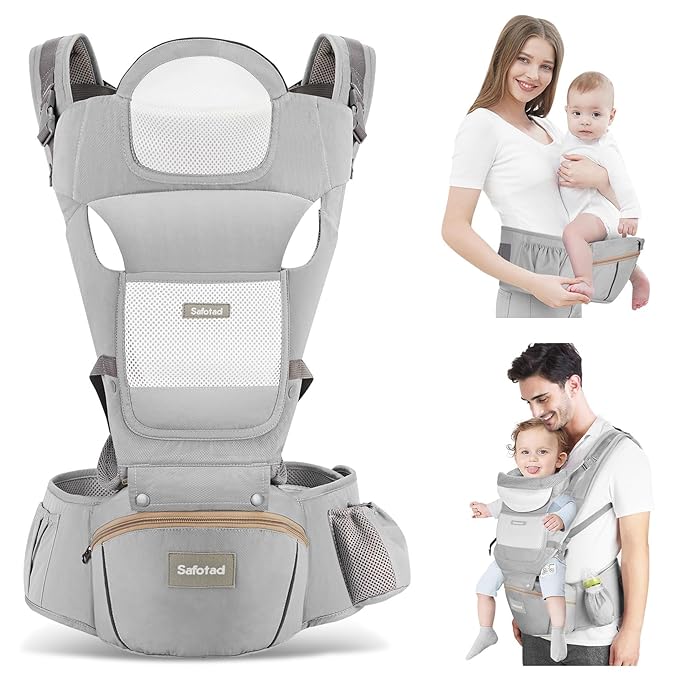 Baby Carrier with Hip Seat,Ergonomic M Position 6in1 Baby Carrier Newborn to Toddler,Head Support and Breathable Mesh Newborn Carrier,Adjustable Baby Holder Carrier for Dad&Mom-Grey-CubbioJoy