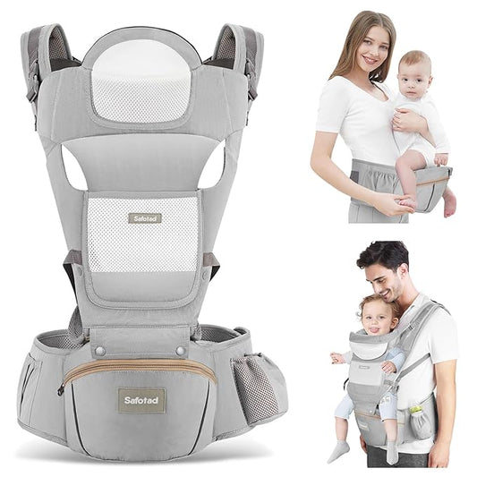 Baby Carrier with Hip Seat,Ergonomic M Position 6in1 Baby Carrier Newborn to Toddler,Head Support and Breathable Mesh Newborn Carrier,Adjustable Baby Holder Carrier for Dad&Mom-Grey-CubbioJoy