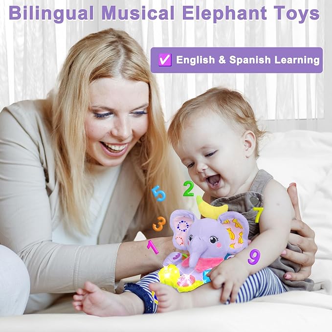 Baby Elephant Musical Stuffed Animals Toy with Light-Up Music & Crinkle Sound Paper,Infant Bilingual Early Learning Education Toys,Tummy Time Toys for 0-3-6-12+ Months Boy Girl, Purple-CubbioJoy