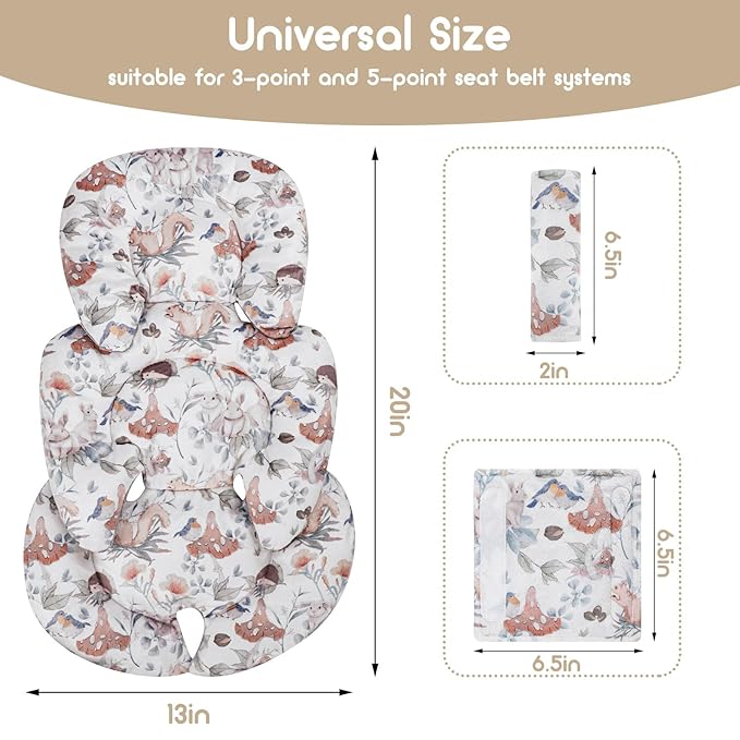 Infant Car Seat Insert, Car Seat Head Support Baby Girls Boys, Soft & Reversible Newborn Carseat Insert Cushion with 2 Strap Covers, for Stroller, Swing, Bouncer (Gray Animals)-CubbioJoy