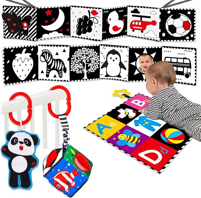 4 PCS Black and White High Contrast Baby Toys 0-3-6 Months Newborn Essential Montessori Toy for Babies Crinkle Sensory Book Brain Development Tummy Time Mirror Infant Carseat Rattle Easter Shower Gift-CubbioJoy