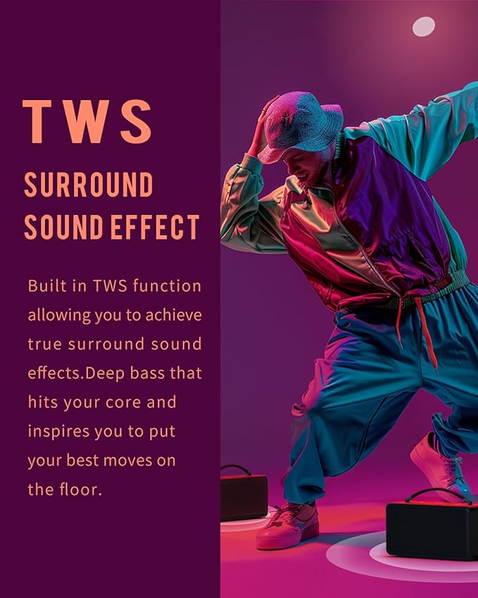 DINDIN Portable Bluetooth Speaker: 80W (Peak), 20H Playtime, Loud Wireless Wood Speakers with Bass, AUX and USB Input, Subwoofer, TWS Pairing, Vintage Speaker for Outdoor, Home, Office (Black)-CubbioJoy