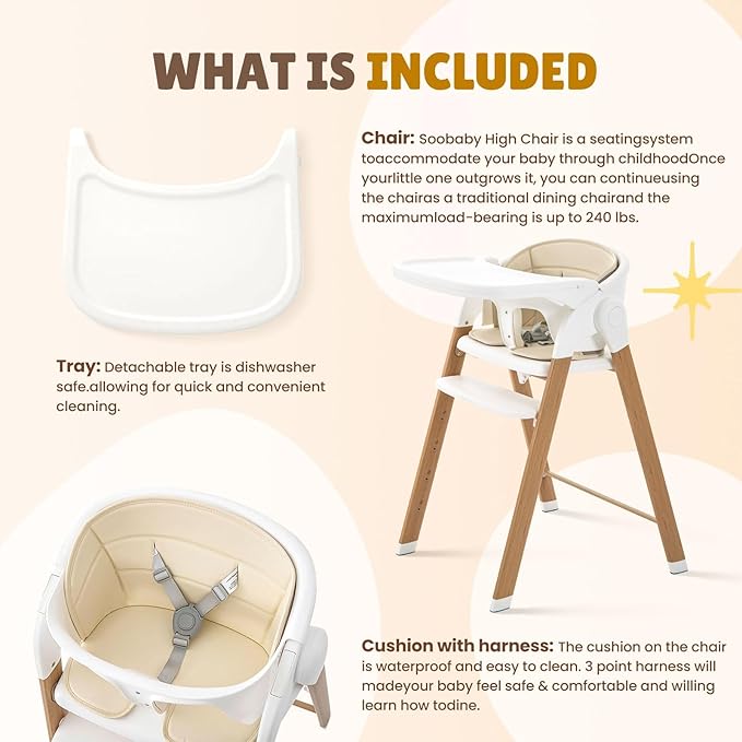 Convertible High Chairs for Babies & Toddlers. 5-in-1 Adjustable High Chair with Removable Tray, Easy to Clean, Portable (White Khaki)-CubbioJoy