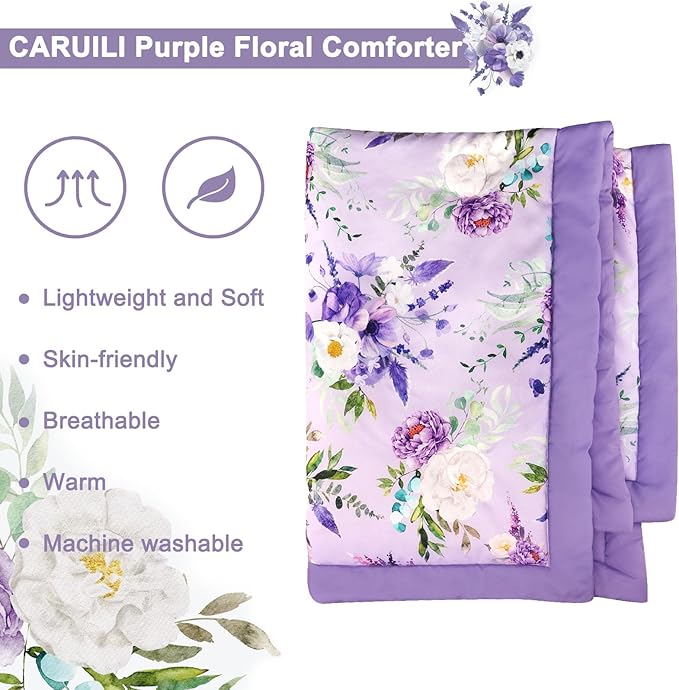 Crib Bedding Set for Girls, Purple Baby Crib Bedding Set 4 Piece, Baby Girl Nursery Bedding Set Including Comforter, Fitted Crib Sheet, Crib Skirt, Diaper Stacker, Floral-CubbioJoy