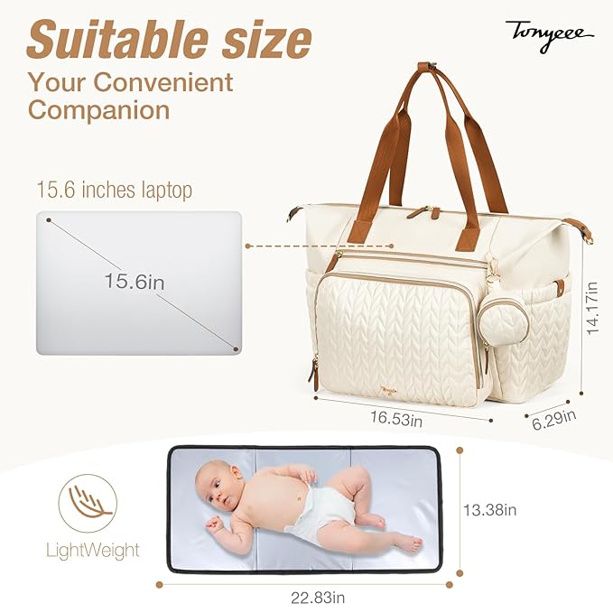 Diaper Bag Tote, Large Baby Diaper Bags Waterproof, Hospital Bag for Labor Delivery with Pacifier Case, Changing Pad, Shoulder Strap, Beige-CubbioJoy