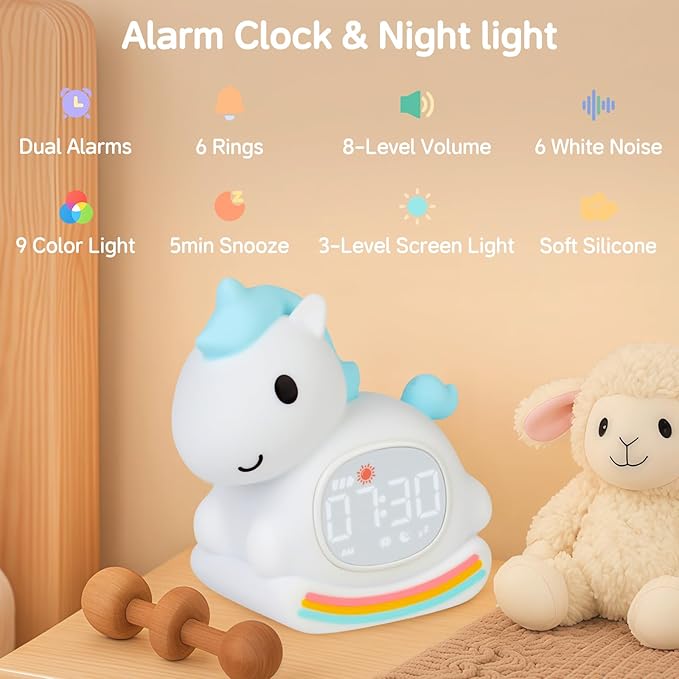 Alarm Clock for Kids with Night Light, Sleep Training Clock Time to Wake Clock, Rechargeable Silicone Light for Bedroom, Perfect Sleep Companion for Boys Girls, Blue Pony-CubbioJoy