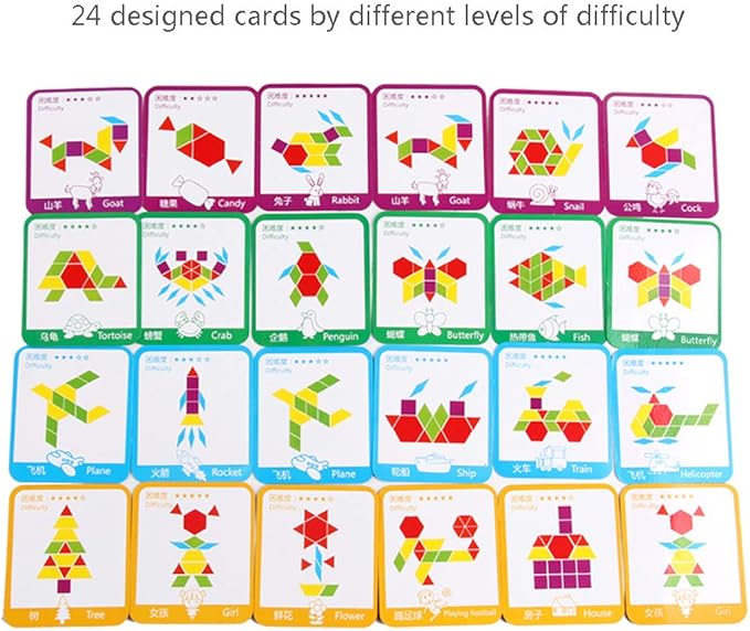 155 Pcs Wooden Pattern Blocks Set Geometric Shape Puzzle Kindergarten Classic Educational Montessori Tangram Toys for Kids Ages 4-8 with 24 Pcs Design Cards-CubbioJoy