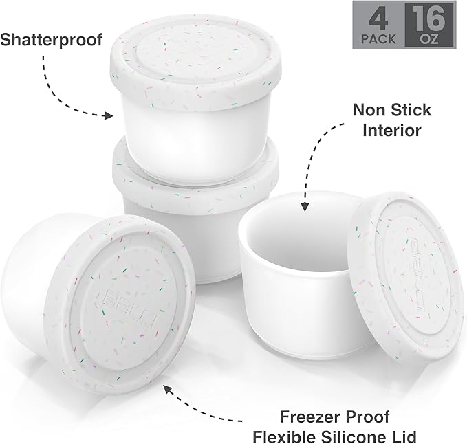 BALCI - 16oz Ice Cream Containers with Silicone Lids (Set of 4) - 1 Pint Each Freezer Food Storage Containers, Reusable, LeakProof, For Homemade IceCream Containers - White with Sprinkles-CubbioJoy