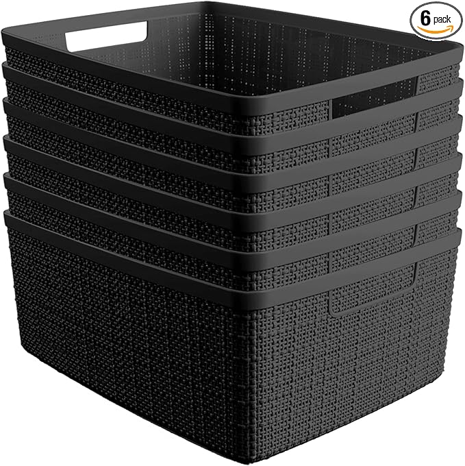 Curver Set of 6 Jute Medium Decorative Plastic Organization and Storage Baskets, Perfect Bins for Home Office, Closet Shelves, Kitchen Pantry and All Bedroom Essentials, Black-CubbioJoy