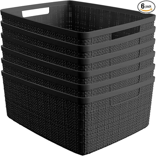 Curver Set of 6 Jute Medium Decorative Plastic Organization and Storage Baskets, Perfect Bins for Home Office, Closet Shelves, Kitchen Pantry and All Bedroom Essentials, Black-CubbioJoy