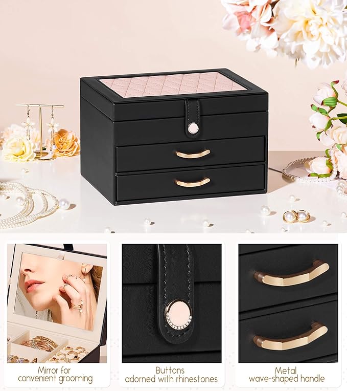 Black Jewelry Box Organizer: Home Decor for Women - 2-Drawer Holder for Valentine’s Day Birthday Christmas Black Pink-CubbioJoy