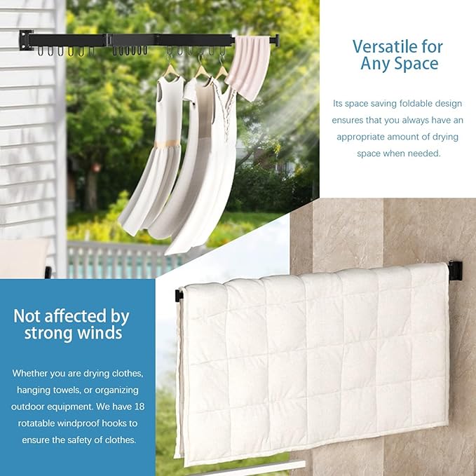 Clothes Drying Rack Wall Mounted,Space Saving Wall Drying Rack,Retractable Collapsible Tri-Fold,for Bathroom,Balcony,Outdoor lndoor with Laundry,Black-CubbioJoy