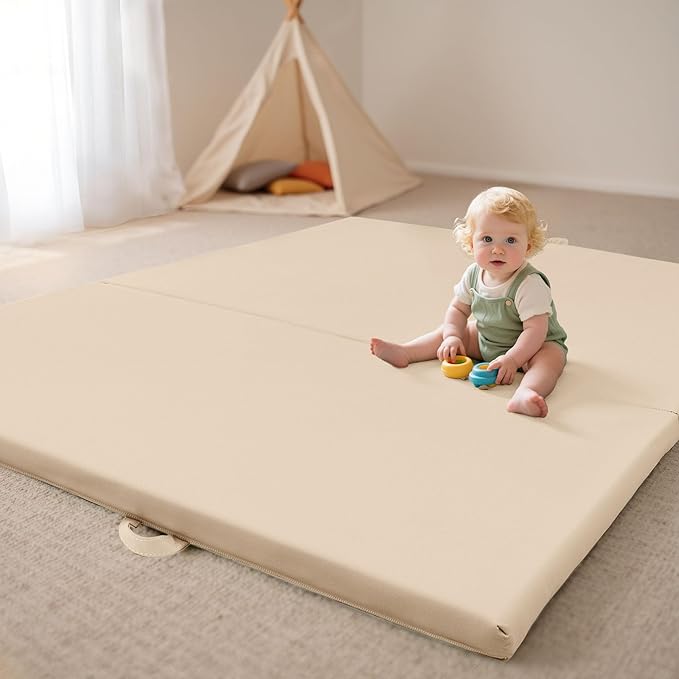 Bella’s Friends Foldable Baby Play Mat for Floor, 50"x50" Vegan Leather Playpen Mat, 1.2" Extra Thick Foam, Non-Toxic, Wipe-Clean, Travel-Ready, Non-Slip Crawling Mat for Kids Toddlers&Infants, Beige-CubbioJoy