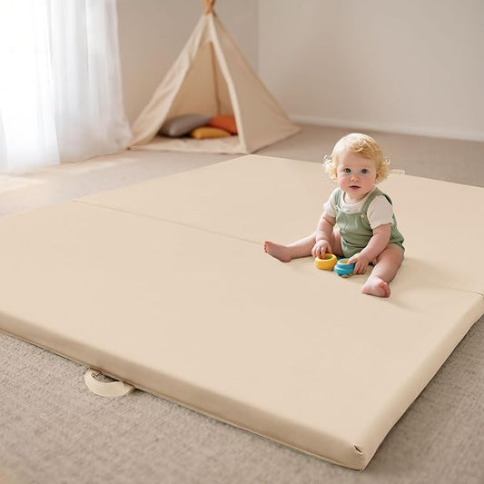Bella’s Friends Foldable Baby Play Mat for Floor, 50"x50" Vegan Leather Playpen Mat, 1.2" Extra Thick Foam, Non-Toxic, Wipe-Clean, Travel-Ready, Non-Slip Crawling Mat for Kids Toddlers&Infants, Beige-CubbioJoy
