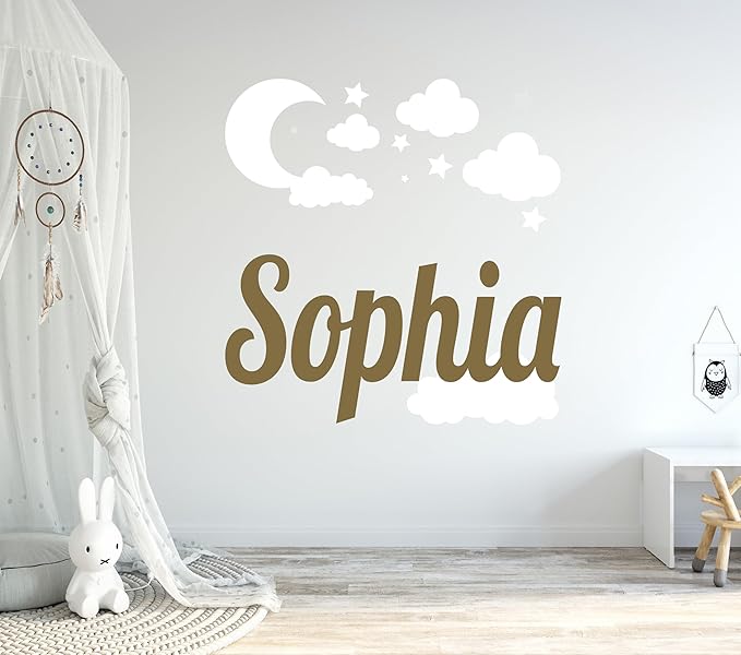 Custom Name with Moon Clouds and Stars Nursery Baby Name Wall Art Wall Decal for Nursery Bedroom playroom Decoration (Wide 40x40In Height), Wide 40Inx40In Height-CubbioJoy