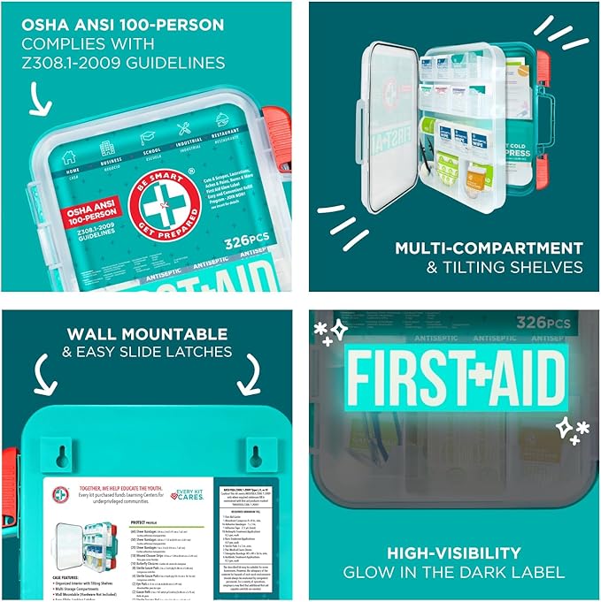 Be Smart Get Prepared First Aid Kit, Teal, 326 Piece, Exceeds OSHA and ANSI Guidelines 100 People - Office, Home, Car, School, Emergency, Survival, Camping, Hunting and Sports-CubbioJoy
