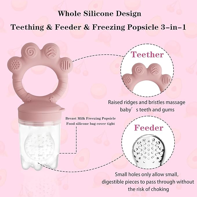 Baby Fruit Food Feeder - Silicone Nibble Tray Combo - Breastmilk Popsicle Mold for Cooling Relief, BPA Free Mesh Feeder for Infant Self Feeding (Claw Pink + Pineapple)-CubbioJoy