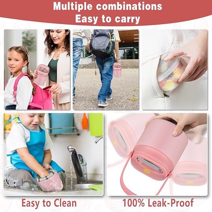 2 - in - 1 Soup Thermo for Hot Food 14oz with Snack Box Container Leak Proof Insulated Lunch Container Kids and Adults Stainless Steel Double Wall Vacuum Wide-mouth Thermal with Spoon and Handle-CubbioJoy