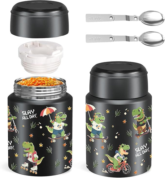 2-Pack Stainless Steel Vacuum Insulated Food Jar with Spoon, Soup Thermo Hot & Cold for Kids & Adults, Leakproof Insulated Lunch Containers with Carry Bag, 17oz.(Black-Dinosaur)-CubbioJoy