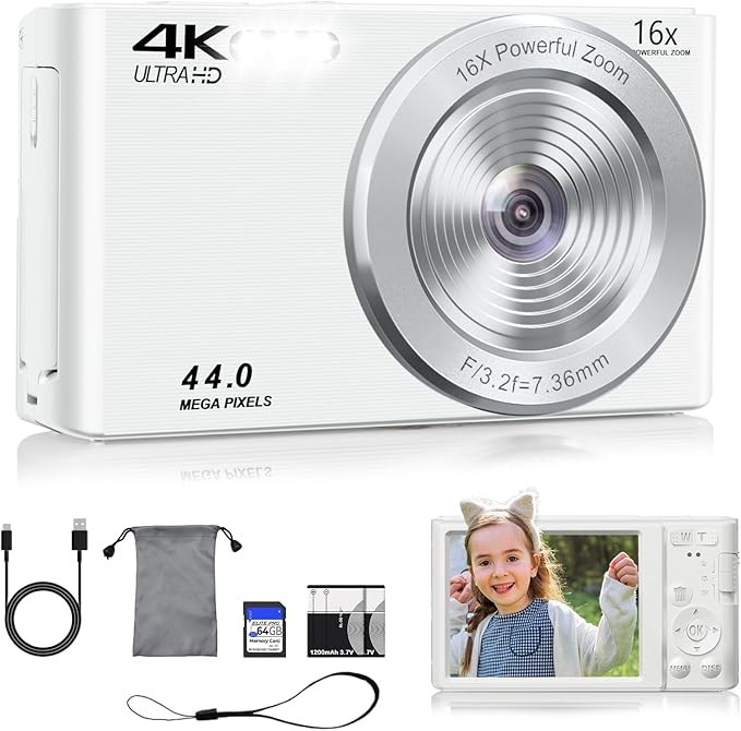 Digital Camera, 44MP 4K Auto Focus Point and Shoot Kids Video Camera with 64GB SD Card 2 Batteries 16X Digital Zoom Compact Portable Small Camera Gifts for Teens Kids Boys Girls(White)-CubbioJoy
