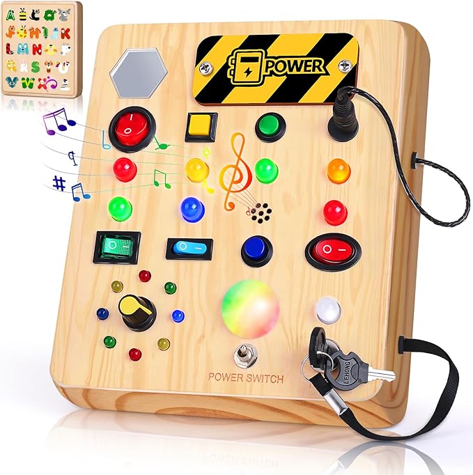 Busy Board with LED Light, Wooden Sensory Toys for Toddler, Montessori Music Toy for Airplane, Travel Activity Educational Learning Autism Toys, Birthday Boys Girls Gifts-CubbioJoy