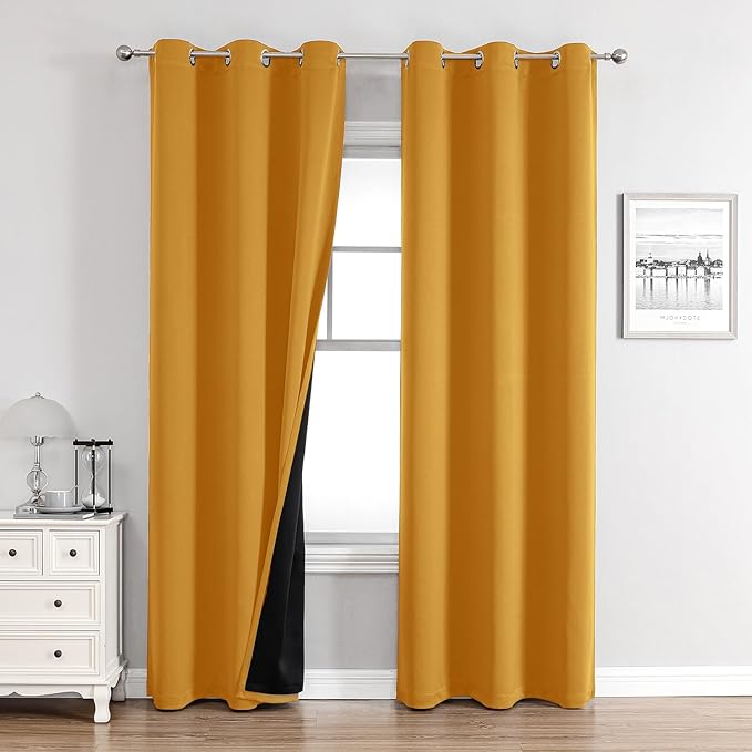 ChrisDowa 100% Blackout Curtains for Bedroom with Black Liner, 2 Thick Layers Total Blackout Thermal Insulated Grommet Window Curtains 2 Panels Set (Mustard Yellow, 42 x 84 Inch)-CubbioJoy