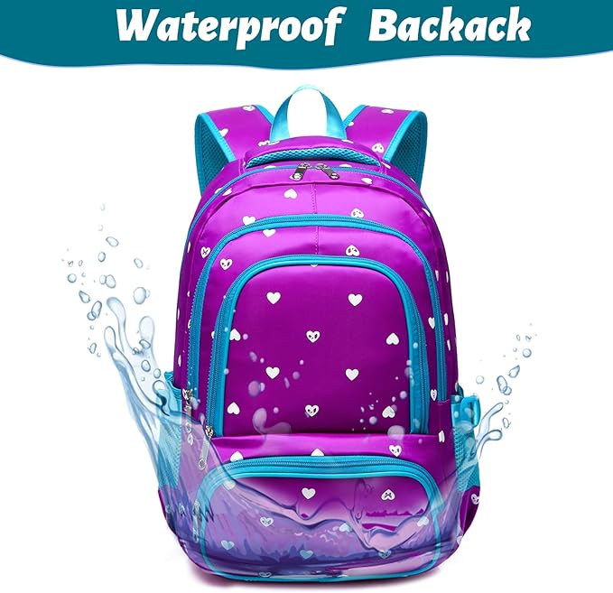 BLUEFAIRY Kids Backpack for Girls Primary Elementary School Bag Bookbag for Childs Book Bag Mochilas Escolares para Niñas de 4-6 Back to School Cute Gifts 17" Heart Print/Purple-CubbioJoy