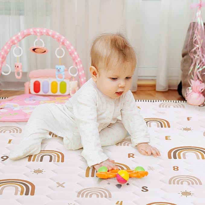 Boho Rainbow Baby Play Mat 50" X 50" Playpen Mat Thicken One-Piece Baby Crawling Mat Non-Slip Cushioned Baby Floor Mat Activity Playmats for Infants, Babies, Toddlers (50X50, Letters+Number)-CubbioJoy