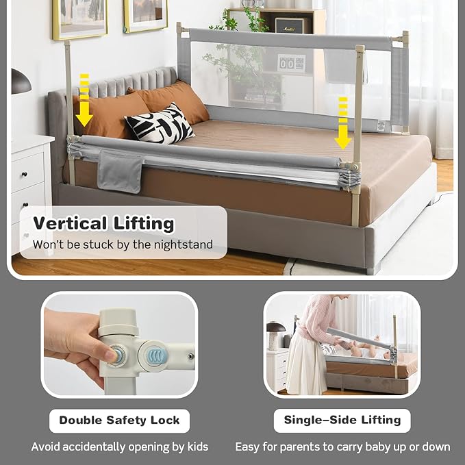 BABY JOY Bed Rail for Toddlers, 69’’ Extra Long, Height Adjustable & Foldable Baby Bed Rail Guard w/Storage Pocket & Double Safety Child Lock for Kids Twin Double Full Size Queen King Mattress (Gray)-CubbioJoy