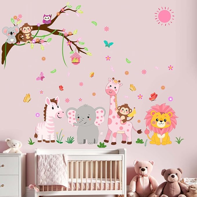Animals Wall Decals for Girls Kids: Peel and Stick Elephant Giraffe Lion Monkey Wall Stickers - Baby Nursery Boys Room Girls Bedroom - Children Supplies Ages 1-12 Years Wall Decor Art-CubbioJoy