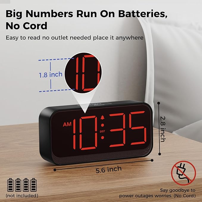 Battery Operated Digital Clock: Cordless Small Alarm Clock for Bedroom Travel - Large Numbers 4 Dimmers for All Ages Red Digits-CubbioJoy