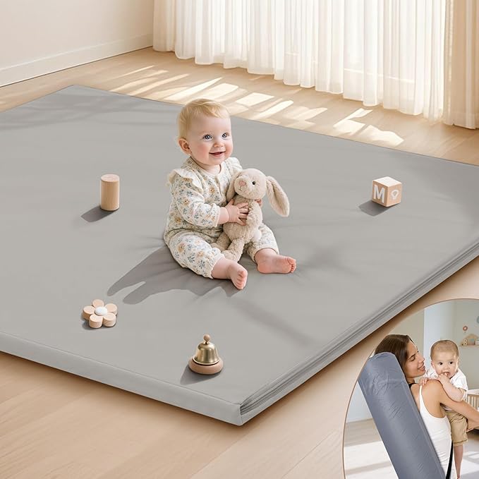 Baby Play Mat 47x47 Inches, Extra Thick 1.2" Foam Floor Mat for Tummy Time & Crawling, Waterproof Non-Slip Faux Leather Playpen Mat for Infants Toddlers, Indoor Outdoor Gym Activity, Gray-CubbioJoy