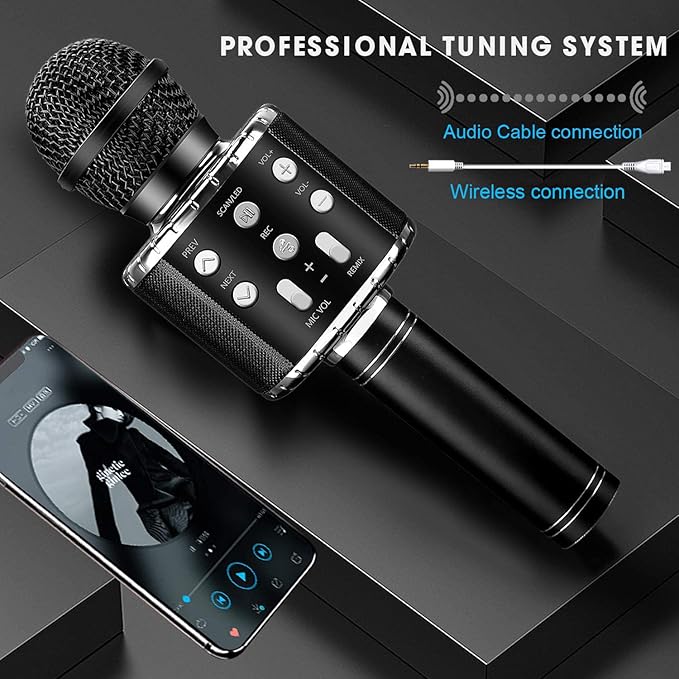 BlueFire 4 in 1 Karaoke Wireless Microphone with LED Lights, Portable Microphone for Kids, Great Gifts Toys for Kids, Girls, Boys and Adults (Black)-CubbioJoy