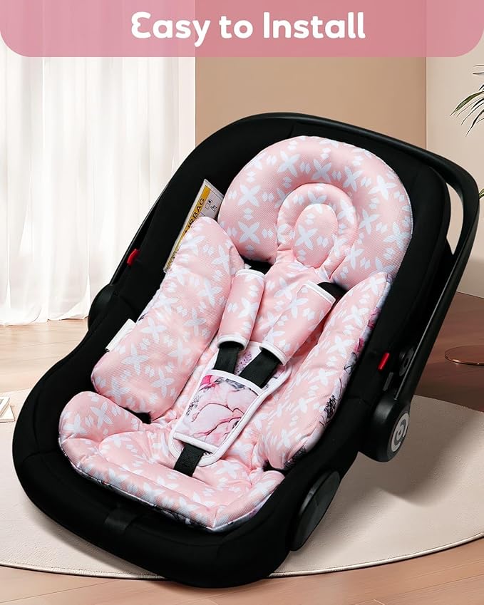Infant Car Seat Insert, Enlarged Head Support for Baby Carseat, Reversible Newborn Insert with 3 Strap Covers, 2-in-1 Baby Car Seat Cushion for Stroller, Swing, Bouncer, Rocker - Pink Floral-CubbioJoy
