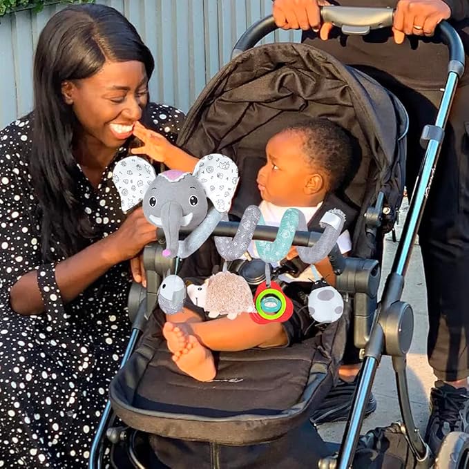 Car Seat Toys, Baby Activity Spiral Hanging Toys for Stroller Car Seat Crib Bar Bassinet Mobile, Musical Elephant Toys for Newborn Infant Boys Girls 0 3 6 12 Months-CubbioJoy