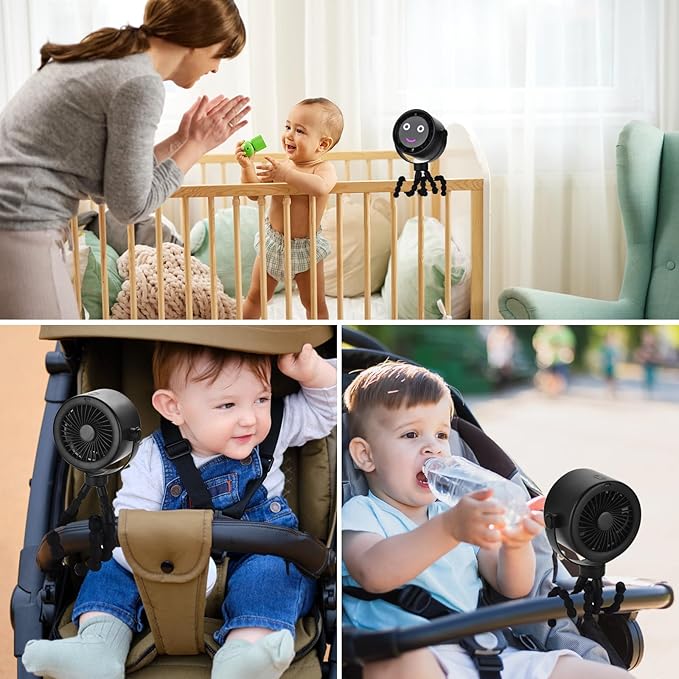 5000mAh Portable Stroller Fan with LCD Display, 5-Speed, Rechargeable Battery Operated, 360° Rotation, Tripod Clip, 17-Hour Battery Life for Carseat, Strollers, Cribs, Wheelchairs, Bedrooms & Travel-CubbioJoy