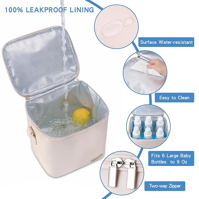 Breastmilk Cooler Bag with Ice Pack Fits 6 Baby Bottles Up to 9 Ounce, Baby Bottle Bag with Shoulder Strap for Nursing Mom Daycare, Cream-CubbioJoy