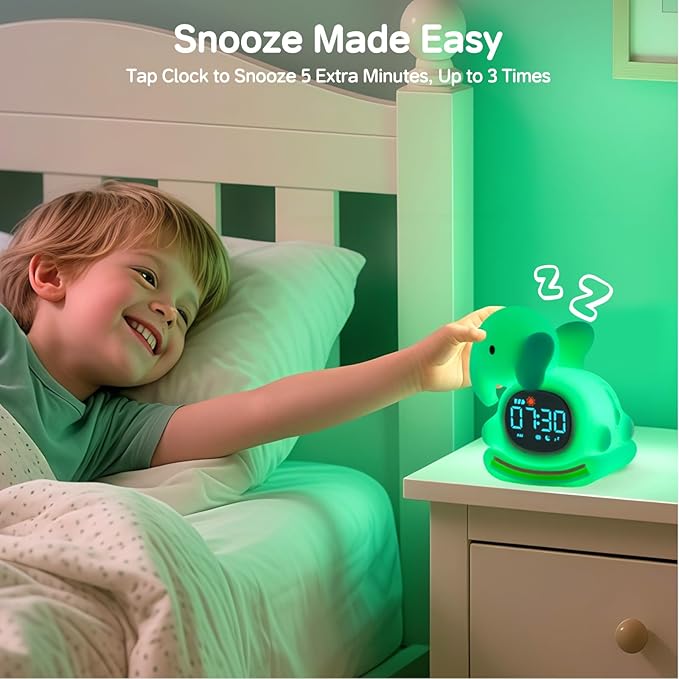 Alarm Clock for Kids with Night Light, Sleep Training Clock Time to Wake Clock, Rechargeable Silicone Light for Bedroom, Perfect Sleep Companion for Boys Girls, Green Elephant-CubbioJoy
