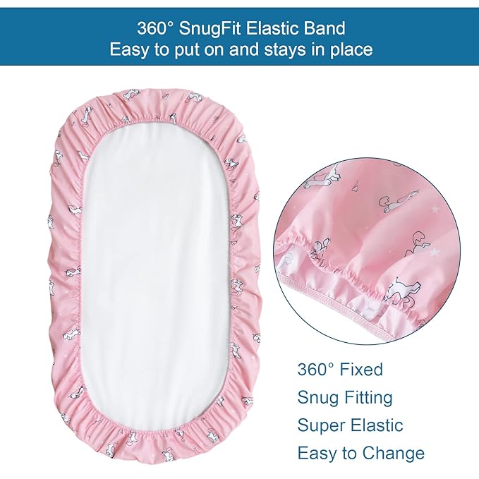 Bassinet Sheet 4 Pack for Baby Girls, Bassinet Sheets Universal Fit for Rectangle, Oval, Hourglass Bassinet Pad/Mattress, Stretchy Bassinet Sheets, Pink Print-CubbioJoy