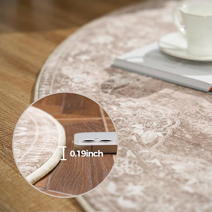 jinchan Round Rug 6ft Area Rug - Brown Vintage Floor Mat Kitchen Indoor - Washable Circle 6' Thin Floral Print Carpet Retro Farmhouse Non Slip Dining Room Living Room Bedroom Office-CubbioJoy