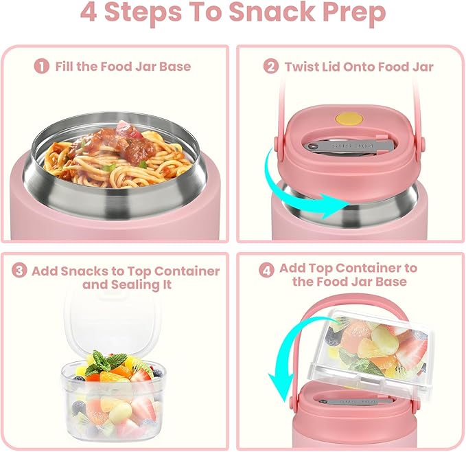 2-in-1 Insulated Food Jar & Snack Container - 15oz Kids Soup Thermos for Hot Food with Handle and Spoon, Leak Proof Reusable Toddler Snack Box, Perfect for School & Travel, Pink-CubbioJoy